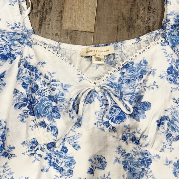 Monteau Los Angeles Blue Floral Toile Puff Sleeve Crop Top XL Sweetheart Lace - Picture 3 of 8